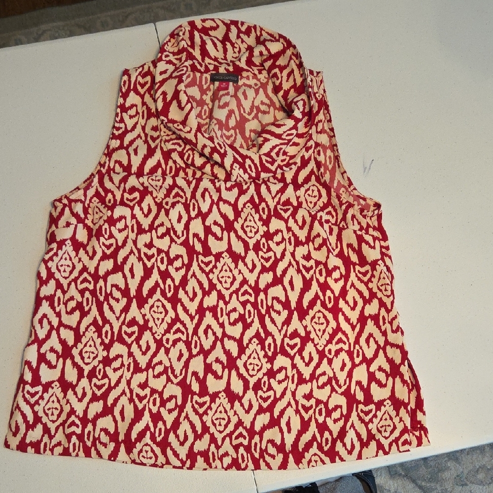 Vince Camuto Red and Cream Patterned Blouse Cowl Neck Sleeveless